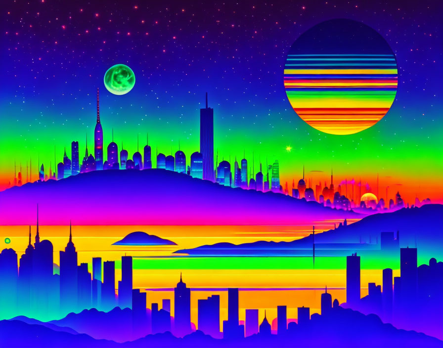 Colorful city skyline reflected on water under starry sky with moon and sun pattern.