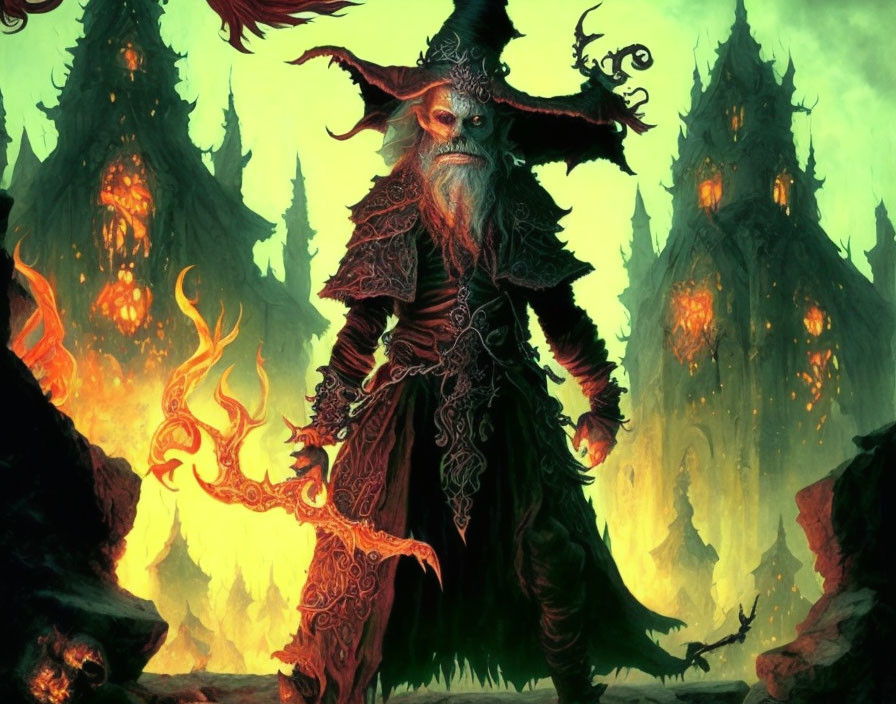 Mystical wizard with flaming staff in eerie forest