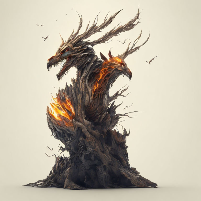 Majestic dragon digital illustration with fiery branches and birds