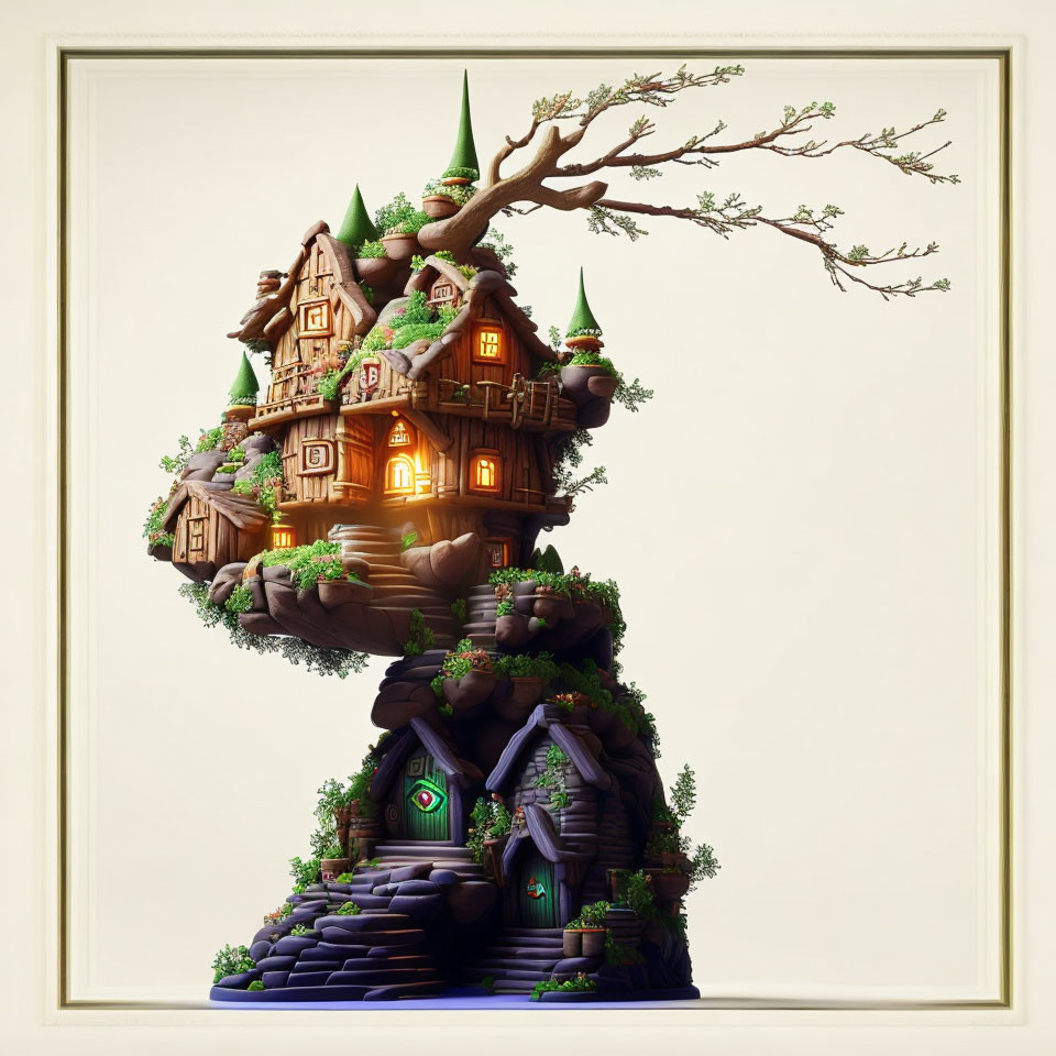 Whimsical treehouse illustration with lit windows in a large tree