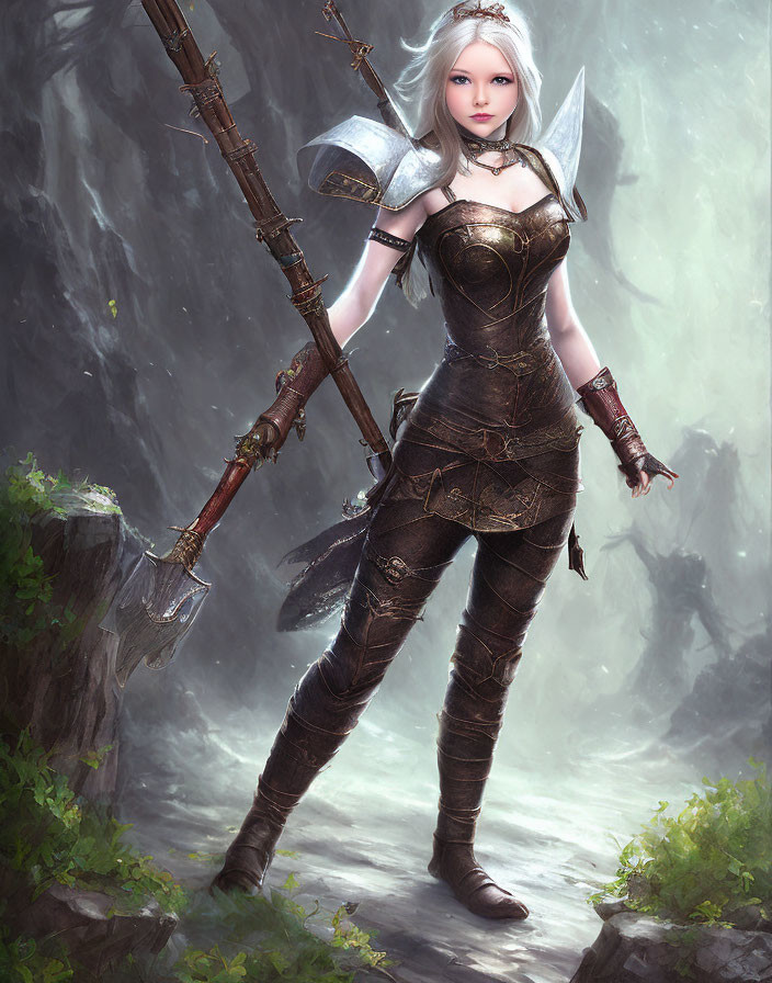 Silver-haired elf warrior in detailed armor wields battle-axe in misty landscape