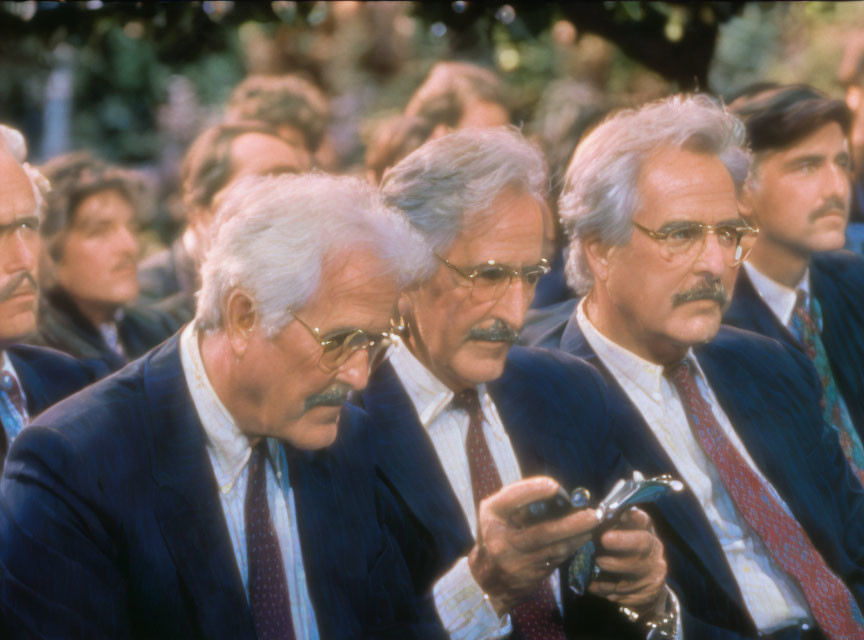 Men in Blue Suits and Red Ties with Gray Hair and Mustaches Looking at Device