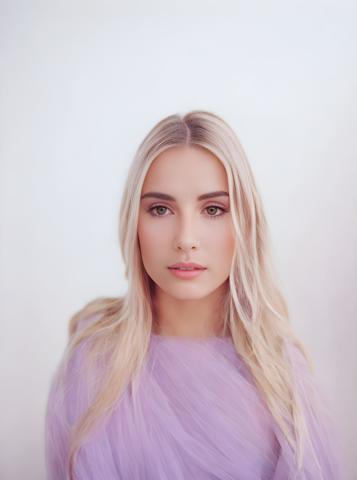 Blonde Woman with Blue Eyes in Purple Fabric Portrait