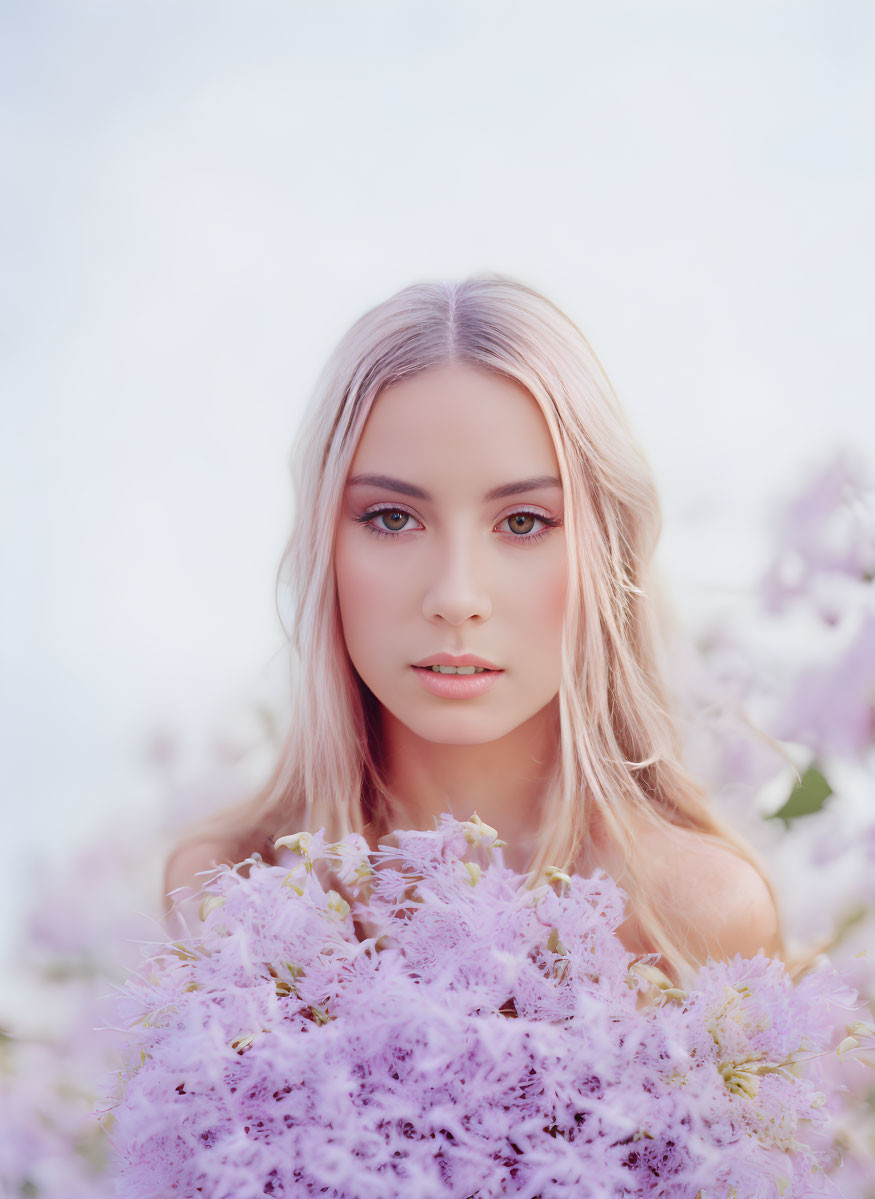 Blond-Haired Woman Surrounded by Pale Purple Flowers