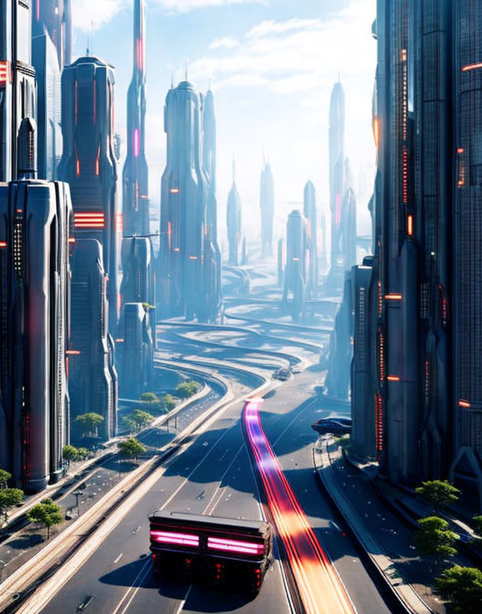 Futuristic cityscape with skyscrapers, road vehicle, and neon lights