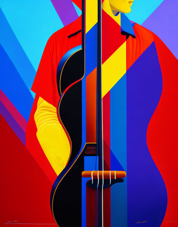 Vibrant geometric artwork: person fused with cello in red and blue hues