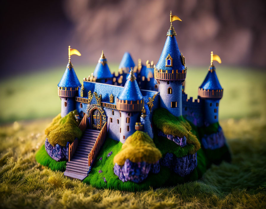 Fantasy castle with blue roofs and golden spires in grassy landscape