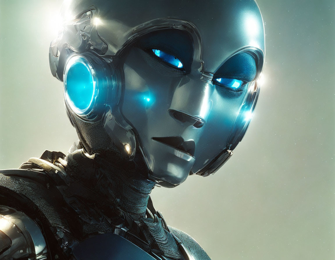 Humanoid robot with sleek metallic surface and glowing blue eyes