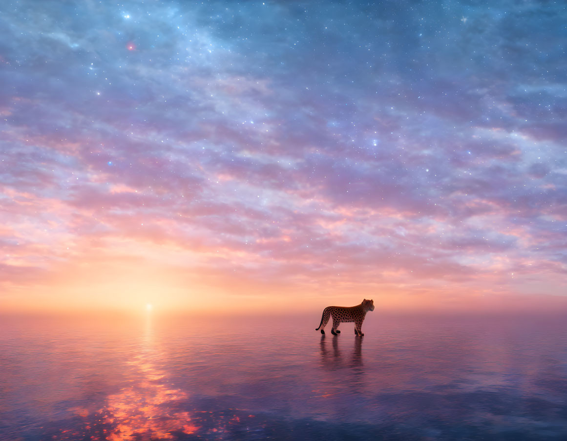 Solitary leopard in shallow waters under surreal sunset.