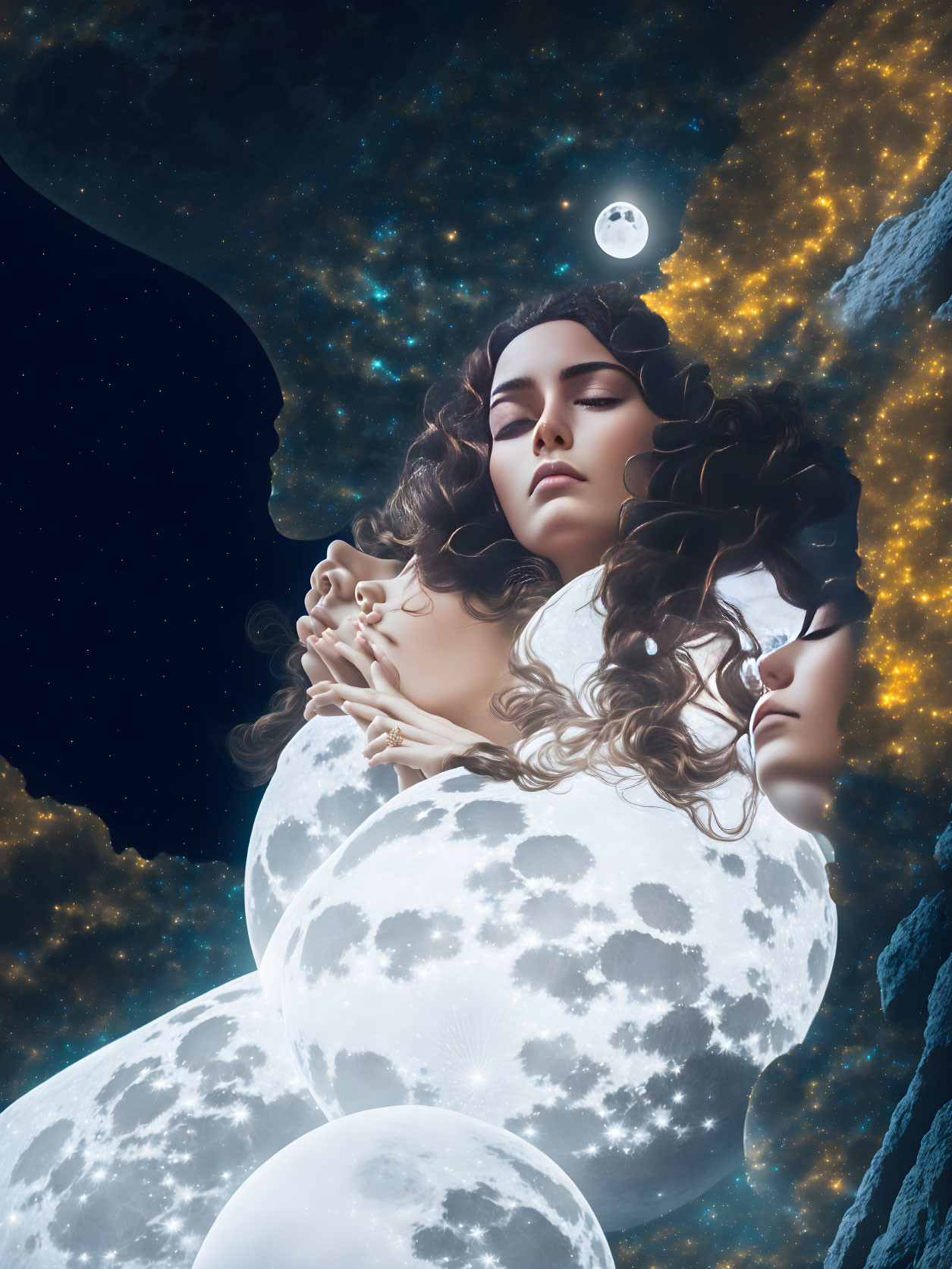 Woman's face merges with moonscape in surreal image