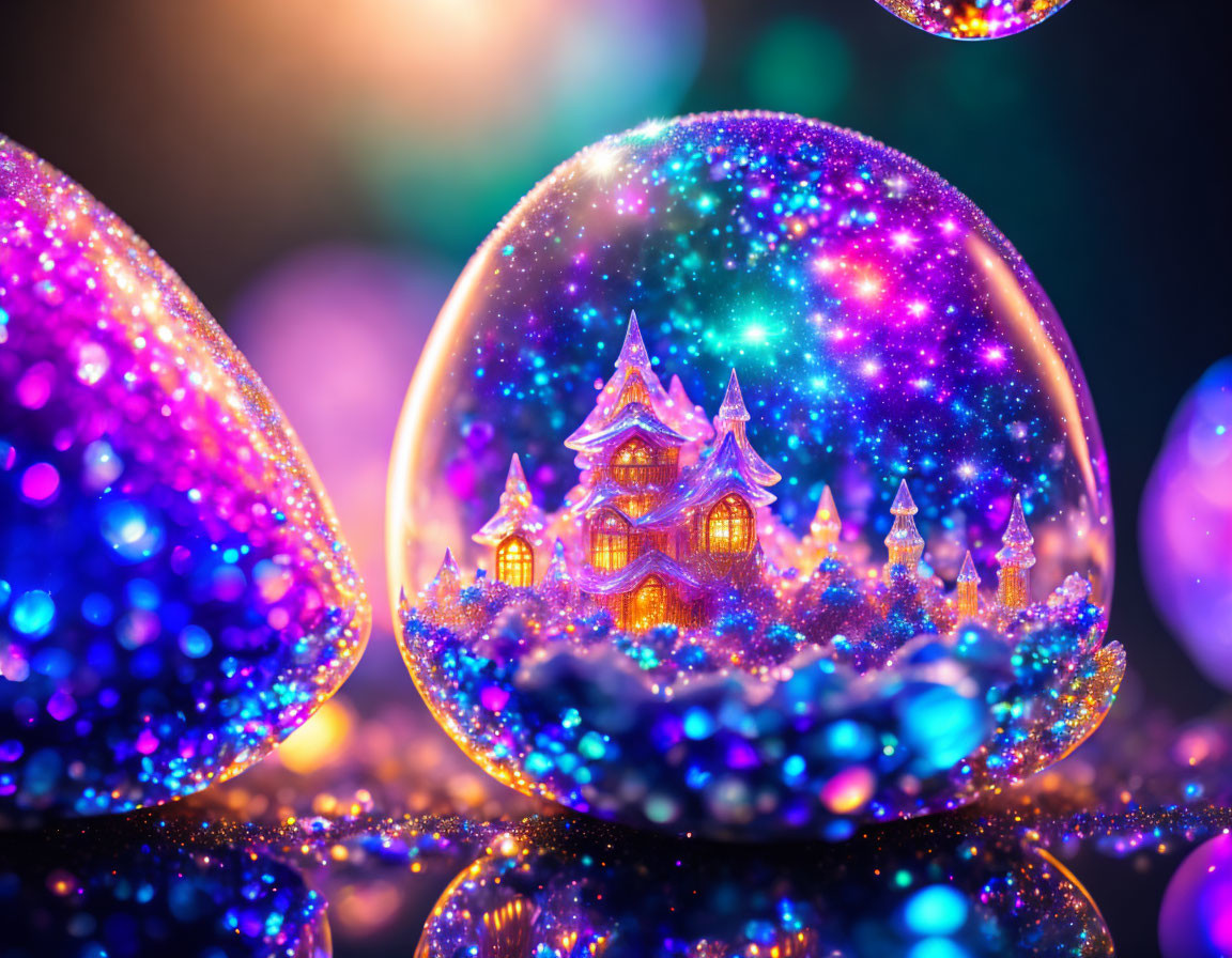 Colorful Sparkling Eggs with Castle Inside on Bokeh Background