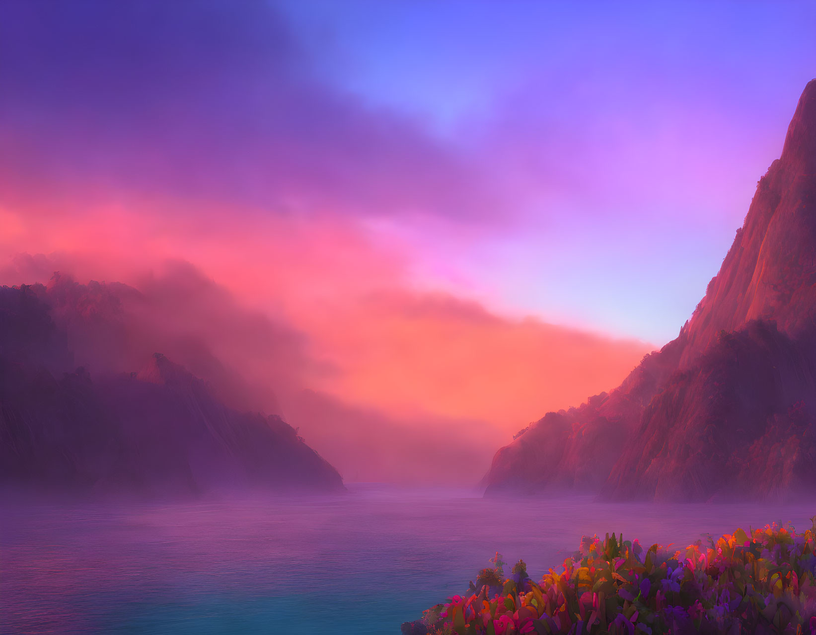 Tranquil sea landscape with misty mountains and vibrant flowers