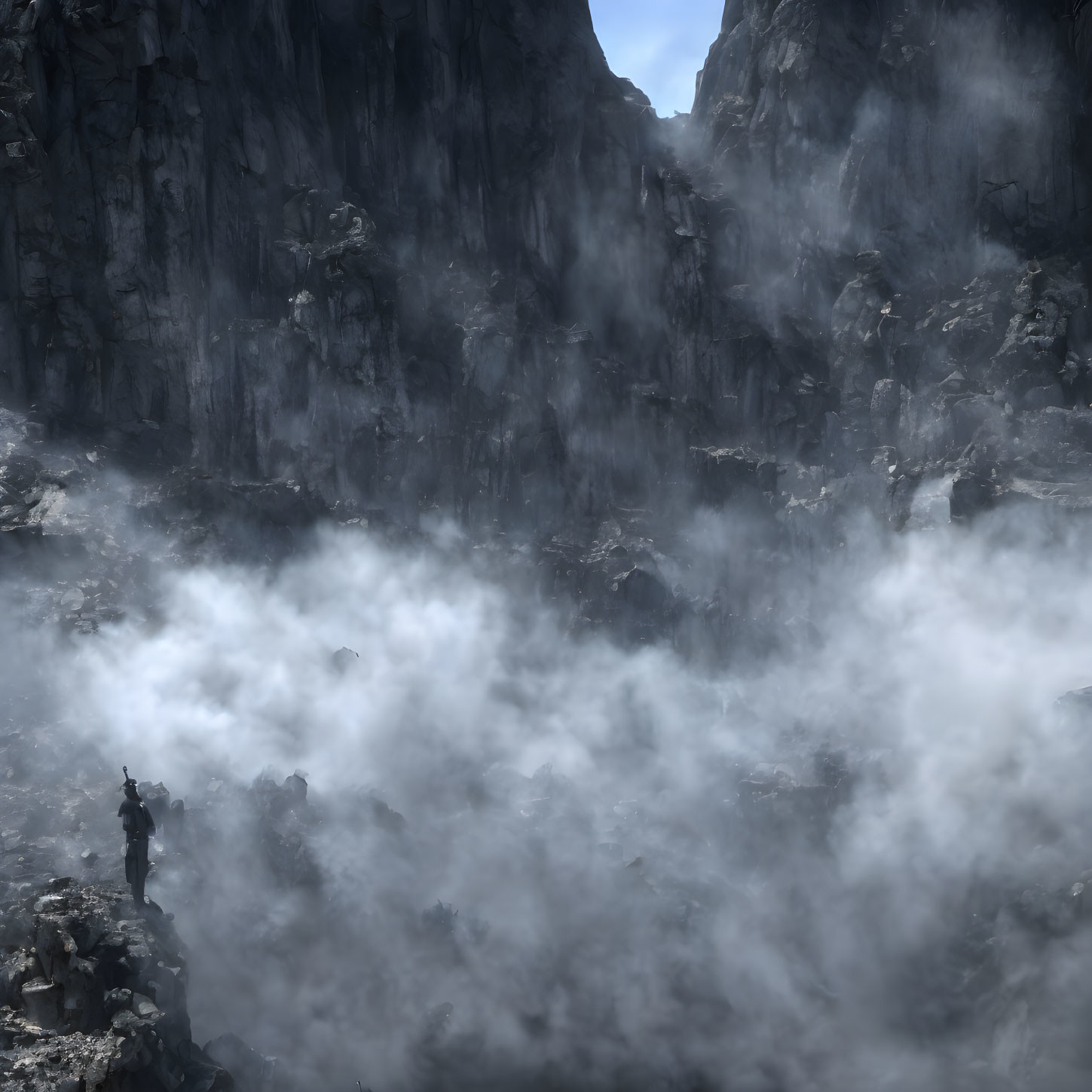 Figure on rocky ledge gazes at mist-filled chasm surrounded by cliffs