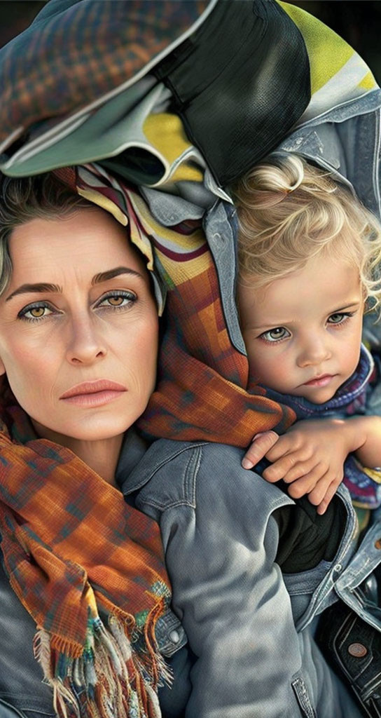 Woman and toddler with green eyes in colorful scarf share intimate moment