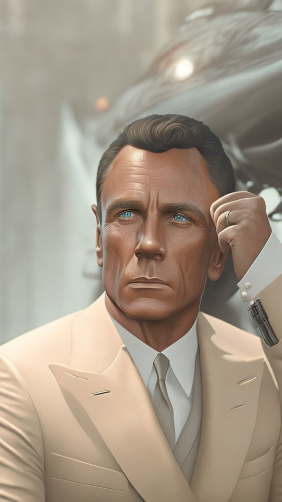 Digital artwork: Stern man in beige suit with futuristic motorcycle helmet.