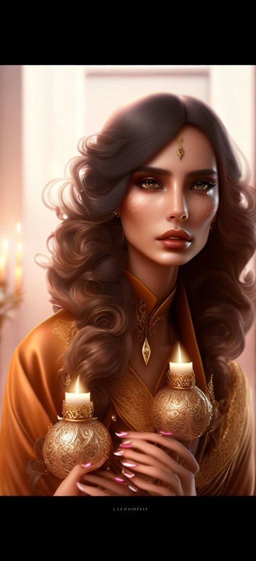 Illustrated woman with voluminous wavy hair and gold headpiece holding ornate lamps in elegant attire