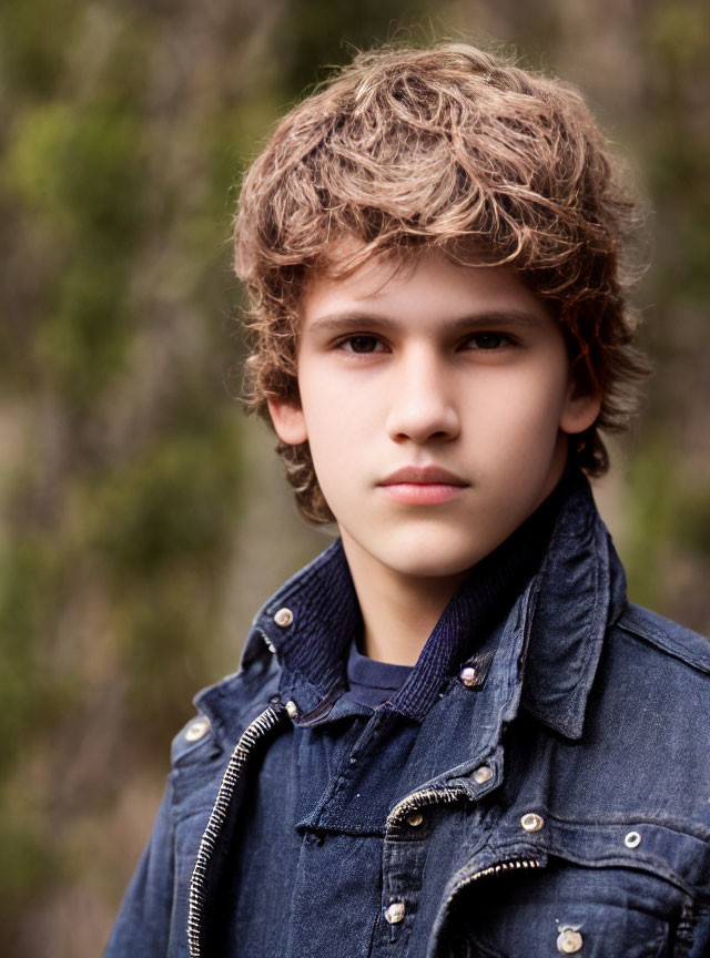 Young boy with curly hair in denim jacket against green backdrop