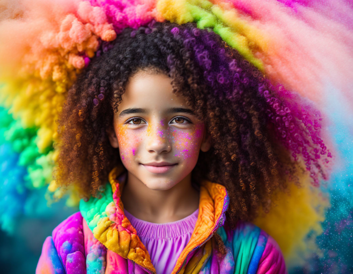 Curly-haired girl smiling against rainbow background with paint splatters