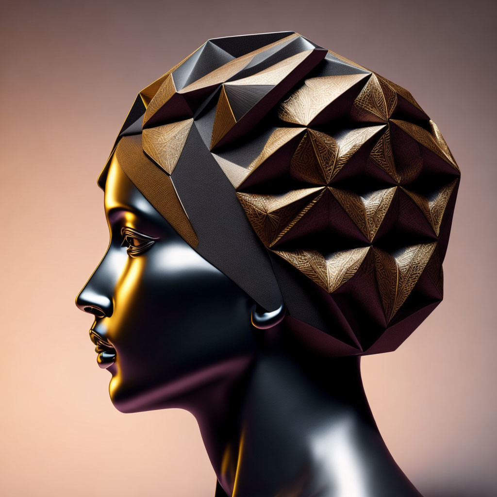 Glossy metallic female bust with intricate geometric headpiece in gold and brown