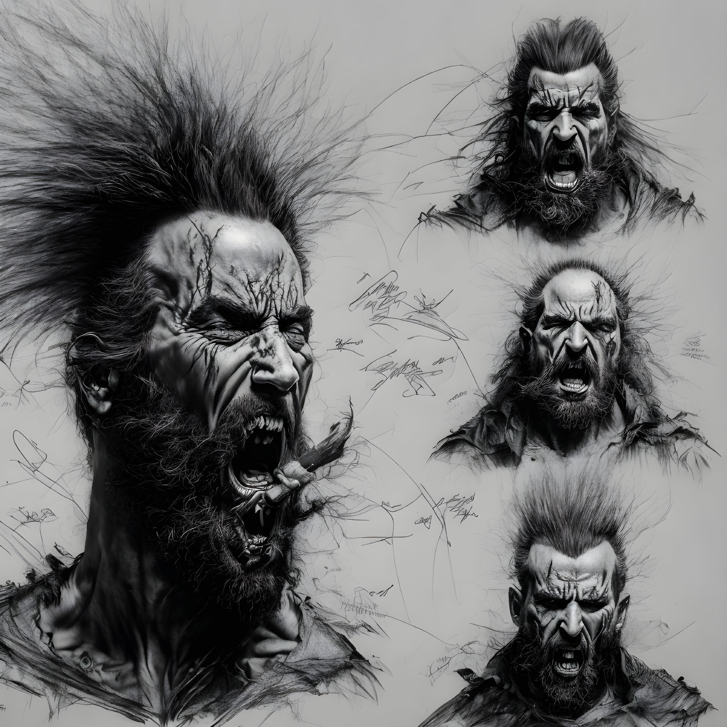 Four expressive black and white sketches of a fierce man with wild hair and intense expressions depicting anger and shouting