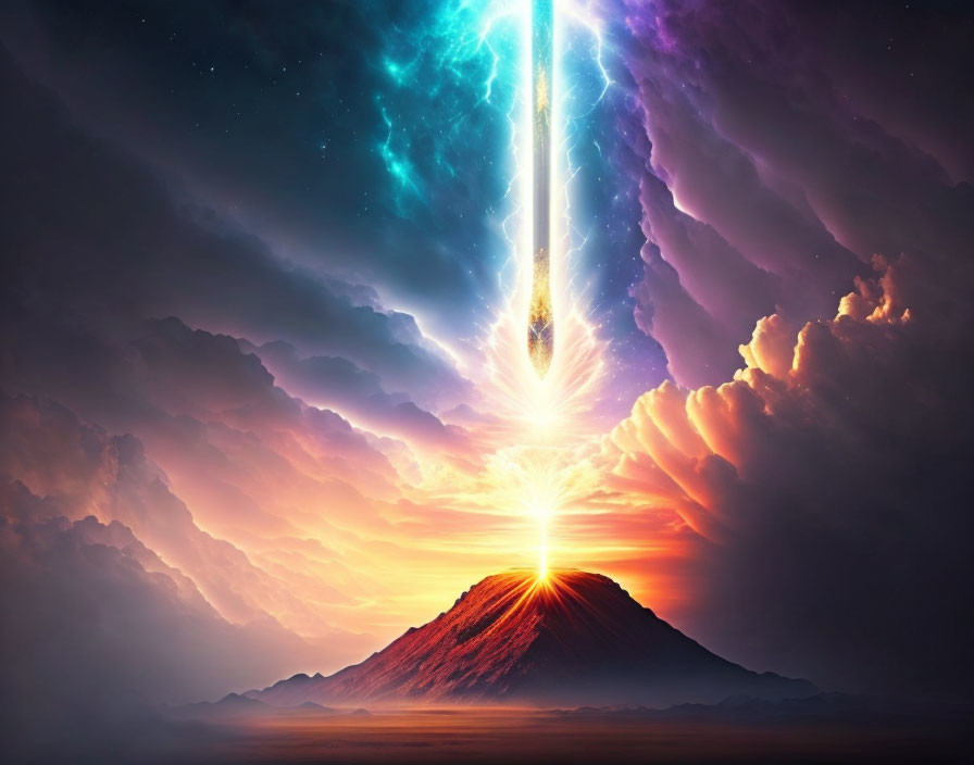 Colorful cosmic phenomenon above a mountain with piercing light beam.