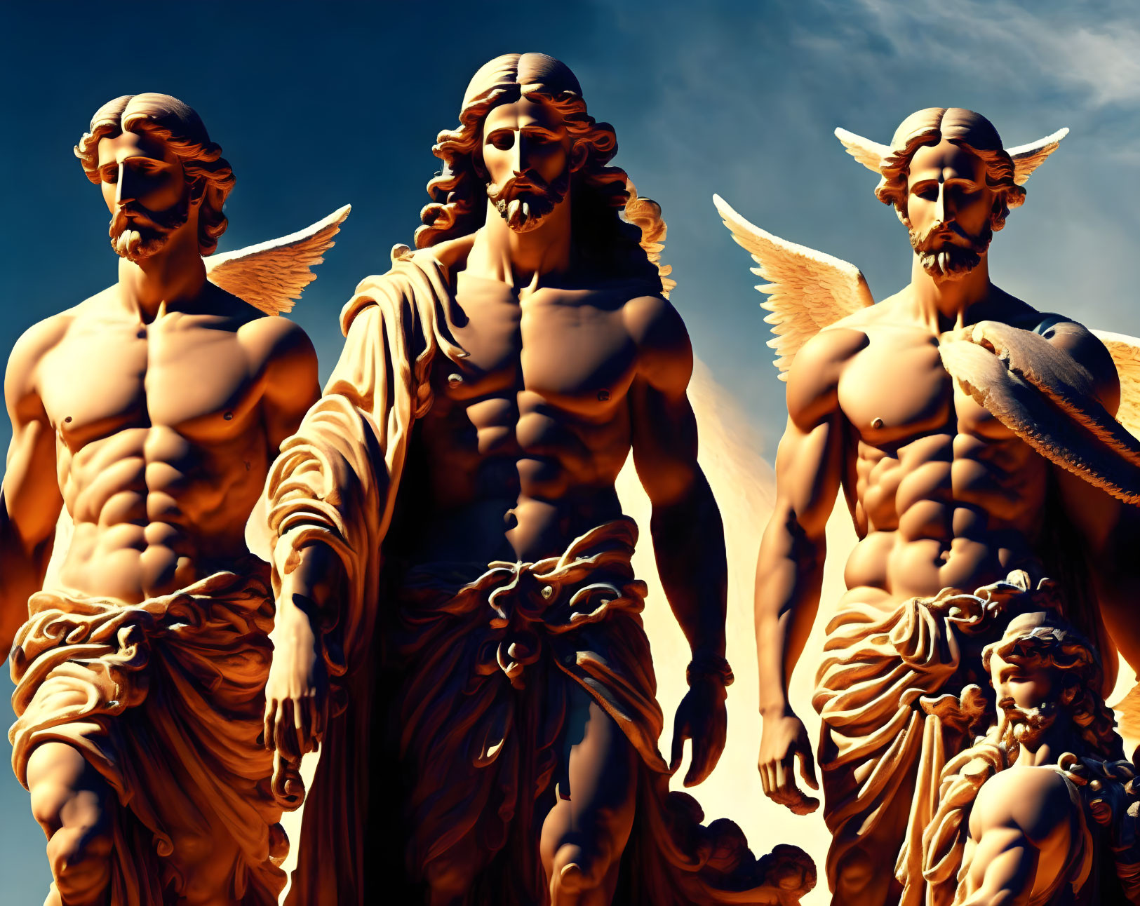 Three Classical Golden Statues Against Blue Sky