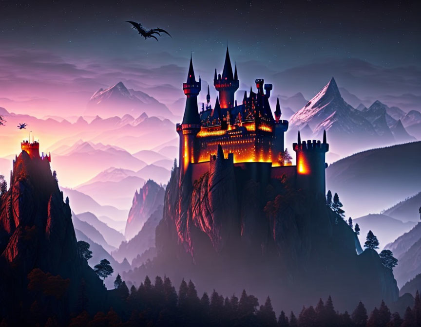 Mystical castle on cliff with glowing windows, dragons in twilight sky