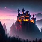 Mystical castle on cliff with glowing windows, dragons in twilight sky