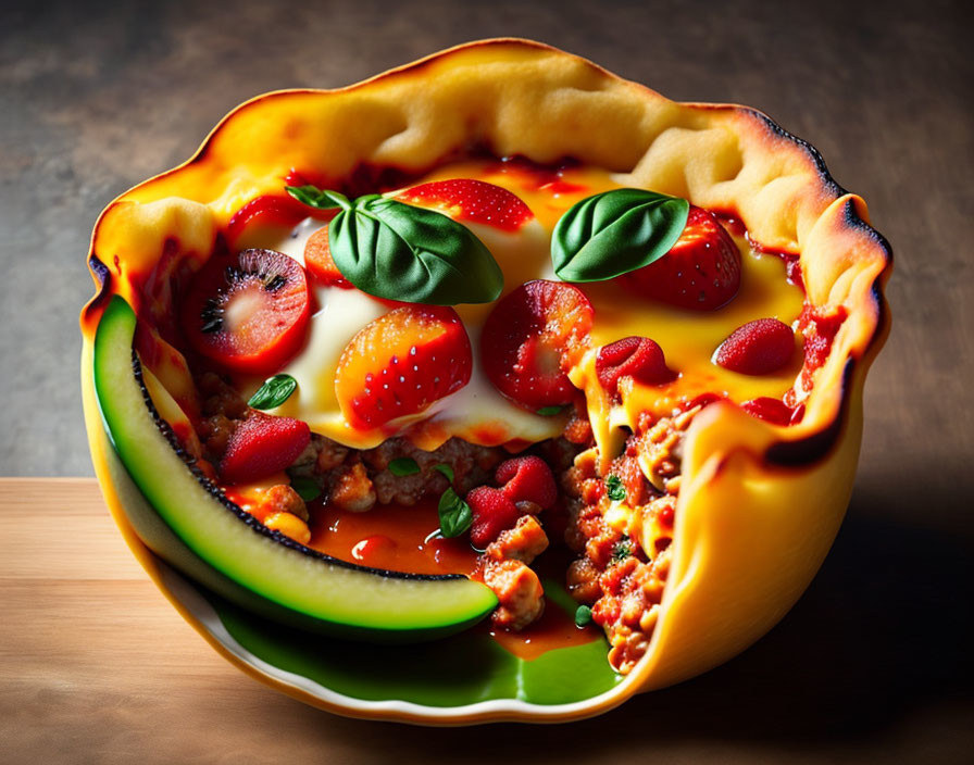 Colorful Baked Dish: Tomatoes, Cheese, Basil, Kiwi in Fluted Pie Cr