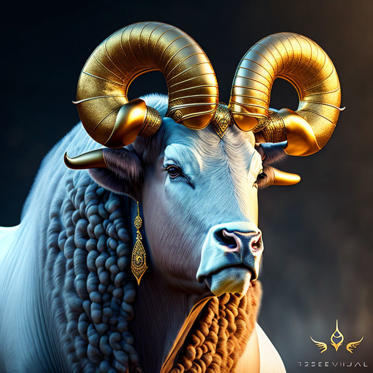 Digital artwork: Bull with golden ram horns and zodiac blend.