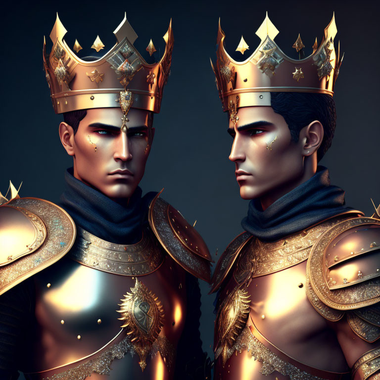 Identical kings in gold and black armor with crowns, stern expressions, mirrored poses.