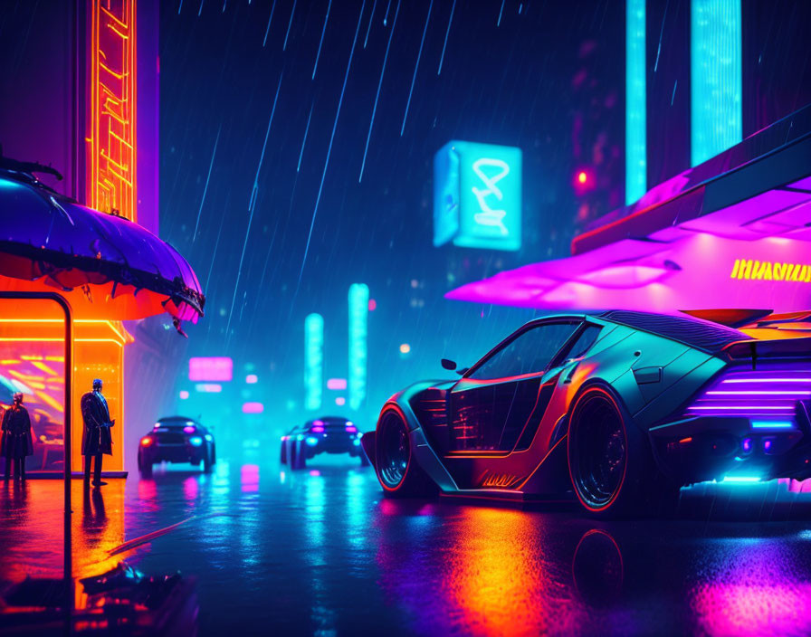 Futuristic night cityscape with neon signs, sports car, and figure with umbrella