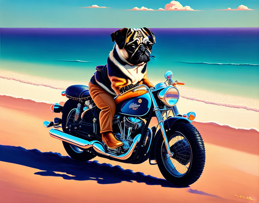 Pug Dog with Sunglasses on Motorcycle Beach Scene