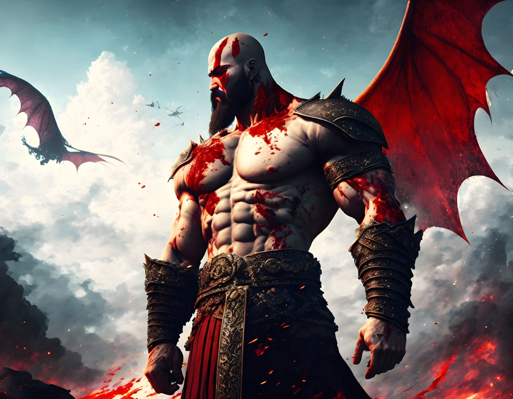 Muscular, Bearded Character with Red Markings and Wings in Dramatic Pose