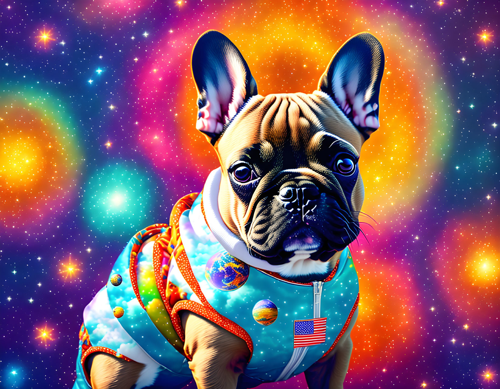 French Bulldog in Astronaut Suit with American Flag Patch in Vibrant Space Scene