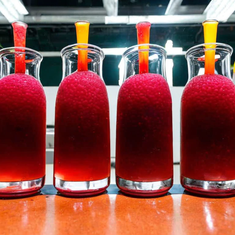 Four red liquid-filled flasks with beads and yellow pipettes on reflective surface