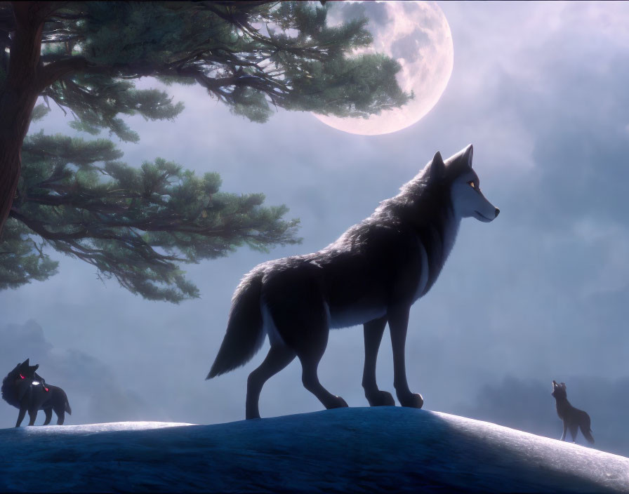 Wolf Family Under Full Moon on Hilltop