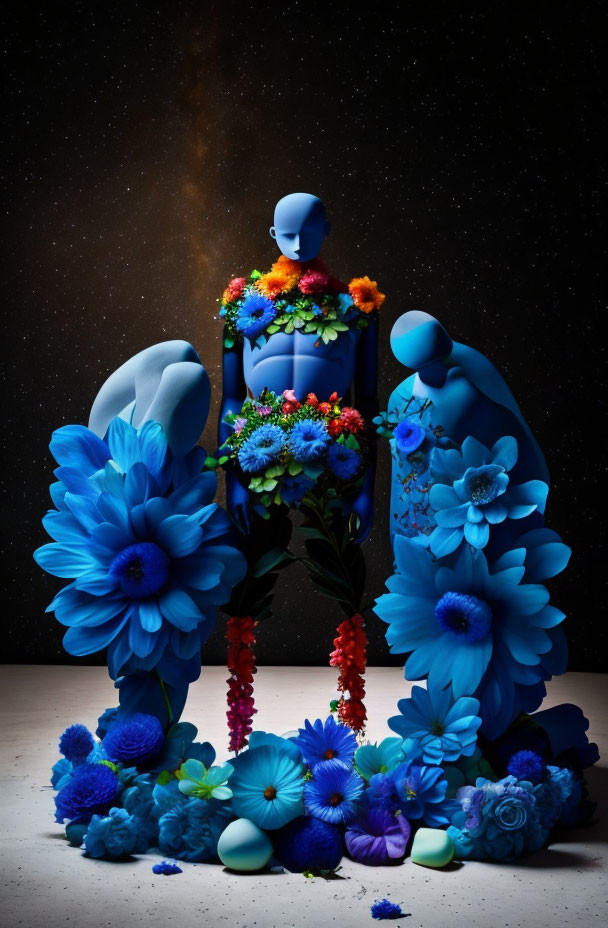 Colorful mannequin with flowers in starry setting