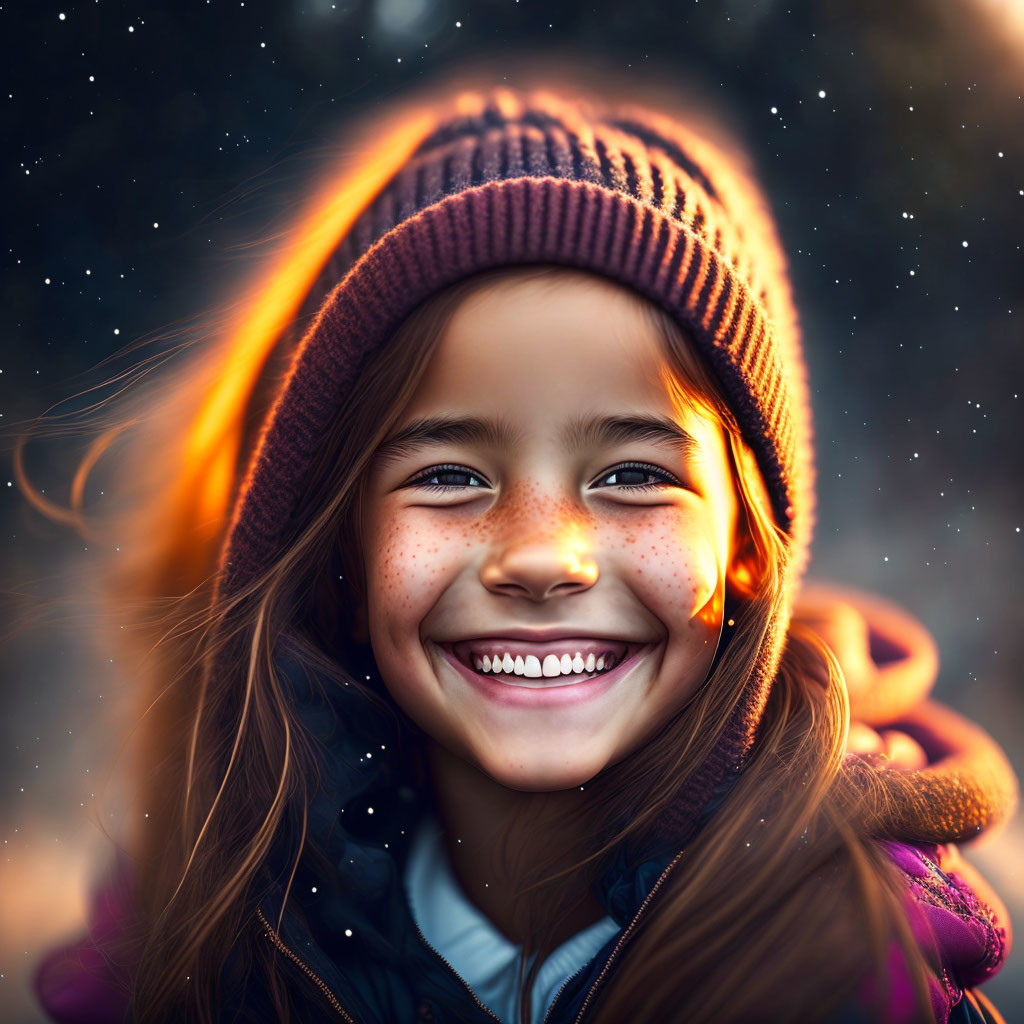 Freckled girl in knit hat radiates warmth and joy