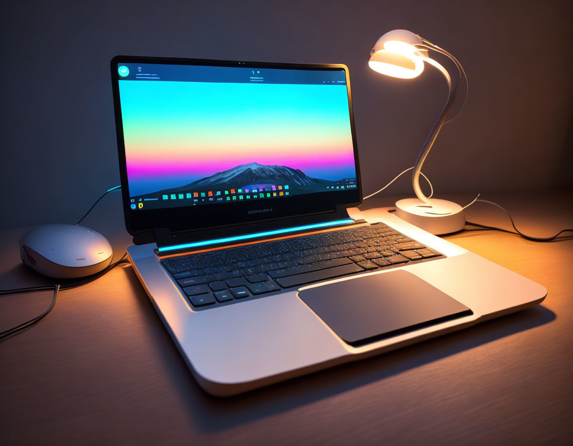 Desk setup: laptop under lamp with mountain wallpaper, mouse, and notepad at night