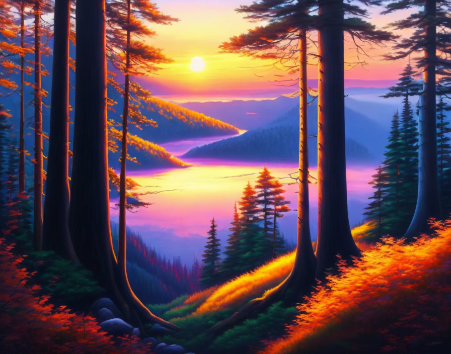 Scenic sunset over serene lake, mountains, trees, colorful foliage