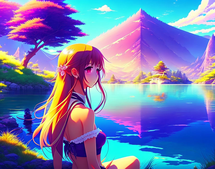 Long-haired animated girl by blue lake with mountains and clear sky