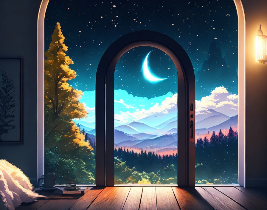 Nighttime scene with open door, crescent moon, stars, mountains, trees, and lantern glow