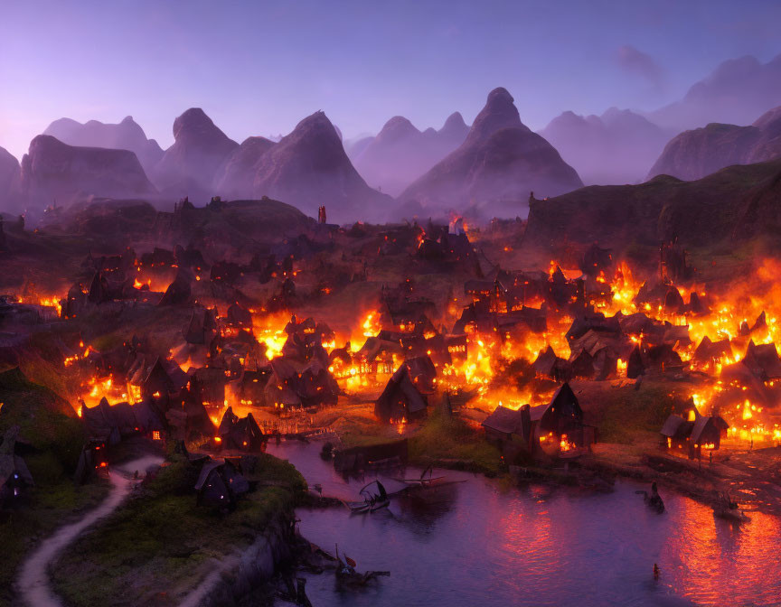 Burning village scene at twilight with smoke rising towards mountains