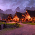 Burning village scene at twilight with smoke rising towards mountains