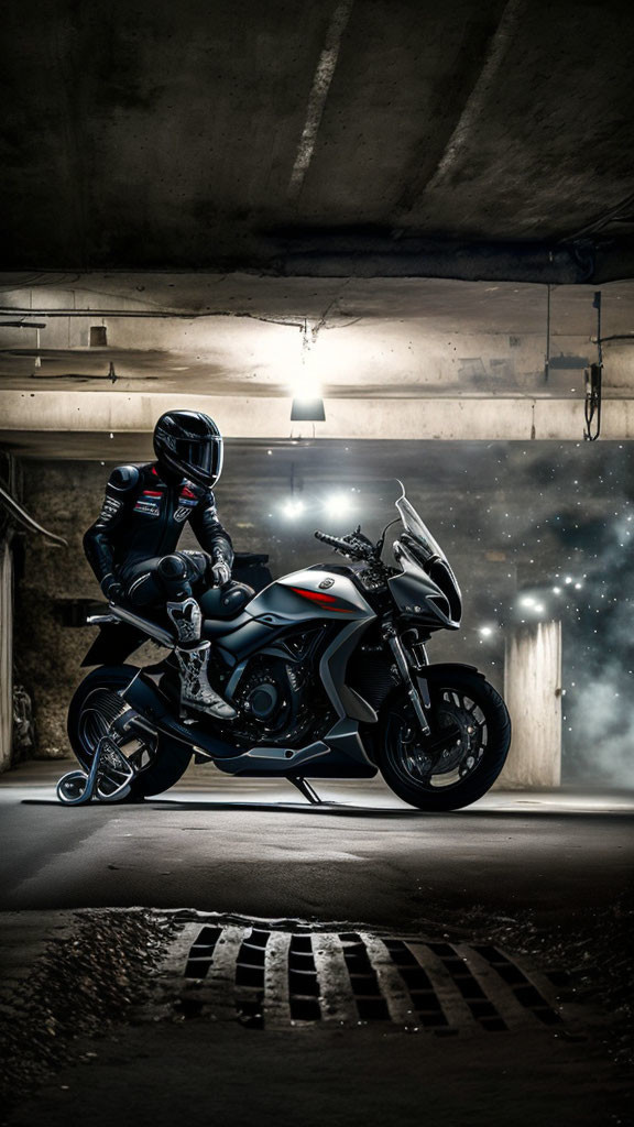 Motorcyclist in full gear on sportbike in dimly lit parking garage