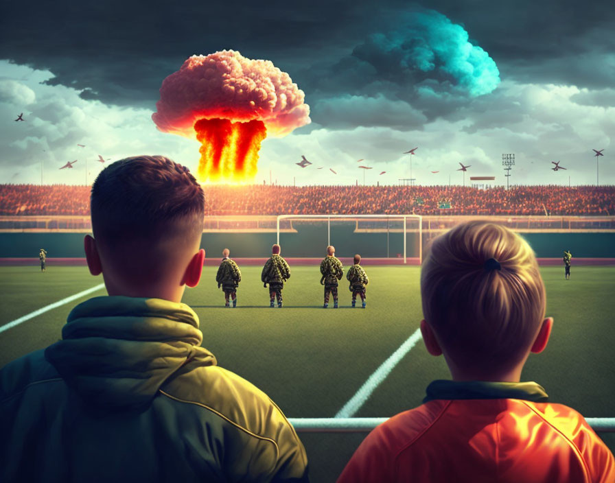 Soccer field scene with mushroom cloud and soldiers viewing.