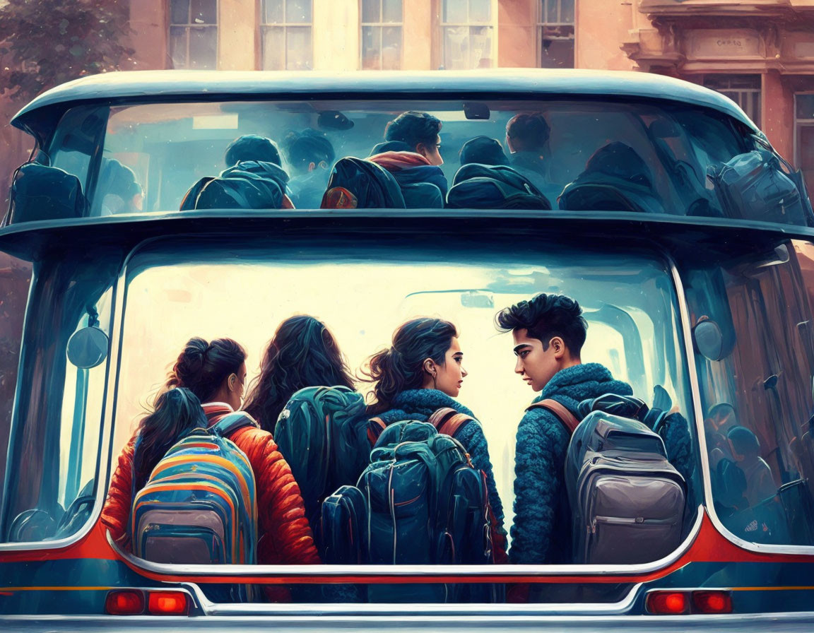 Four students chatting on bus with backpacks