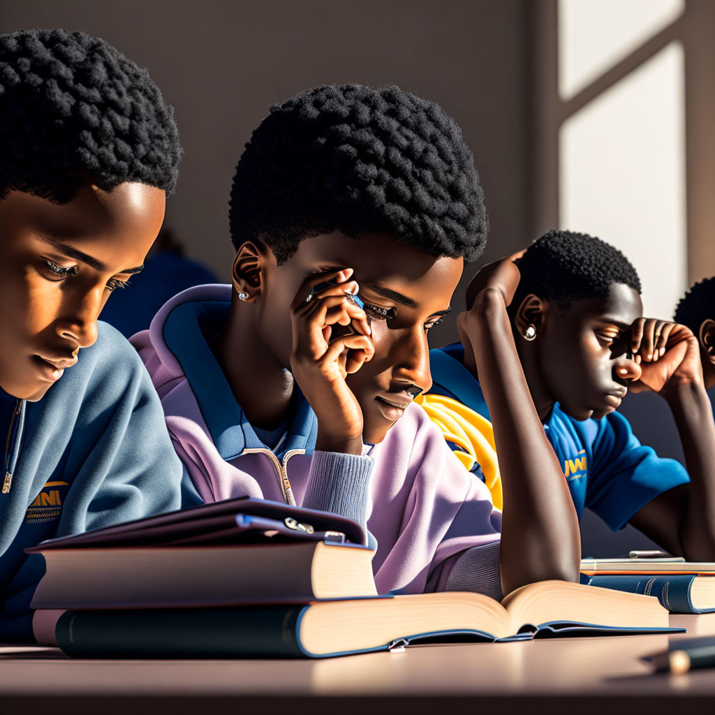 Students studying with textbooks and notes in sunny classroom