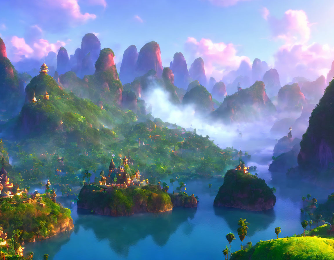 Mystical landscape with lush islands, karst pillars, lakes, temples & sunrise.